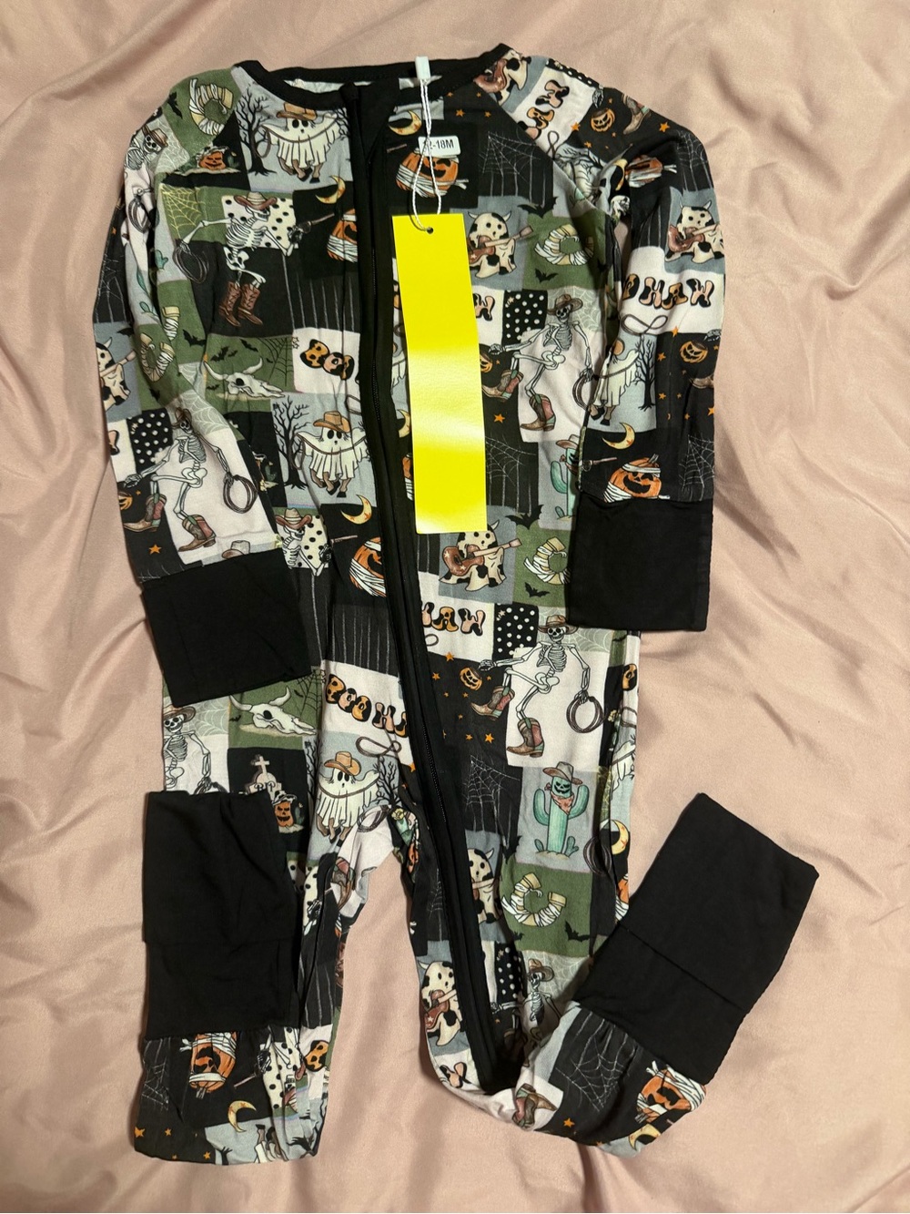 Kids Halloween Ghost Print Zip-Front Pajamas - Black & Green